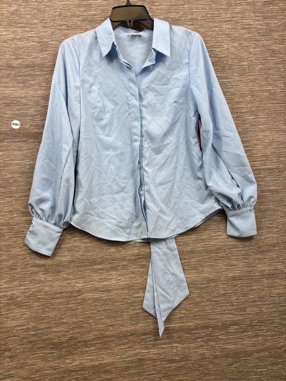 Riley & Rae Blouse Womens XS Blue Bow Front Collared Button Long Sleeve Top NEW